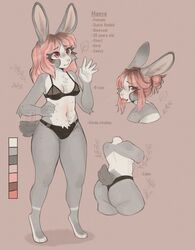 5_fingers anthro ass bra breasts brown_background chest_tuft clothing crotch_tuft digitigrade domestic_rabbit dutch_rabbit english_text eyelashes female fingers fur gesture grey_body grey_fur hair hair_bun hand_on_hip hi_res lagomorph leporid lewdshiba long_hair looking_at_viewer maeve_(lewdshiba) mammal markings model_sheet multi_nipple navel nipples oryctolagus panties pink_hair pink_nose rabbit red_eyes scut_tail simple_background solo standing text tongue tongue_out tuft underwear waving white_body white_fur