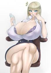 1girls black_skirt blonde_hair blue_lips blush bra bra_cups_sticking_out breasts business_suit chair cleavage crossed_legs female gigantic_breasts hand_on_own_face holding long_hair makeup miniskirt office_chair office_lady original pencil_skirt purple_bra reading shirt sitting skirt skirt_suit solo surprised thick_thighs thighs tight_skirt underwear white_background white_shirt yagimayu