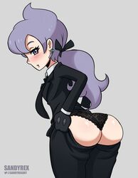 1girls anabel_(pokemon) anabel_(pokemon_sm) ass big_ass blush earrings grey_background hair_ribbon long_hair nintendo pale-skinned_female pale_skin panties pants_down pokemon pokemon_rse pokemon_sm ponytail purple_eyes purple_hair sandyrex thick_ass