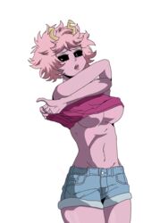 2020 2020s alien alien_girl big_breasts black_sclera blue_shorts blush breasts denim_shorts exposed_belly horns jean_shorts lifting_shirt mina_ashido my_hero_academia open_mouth pink_hair pink_skin pink_tank_top shiny_skin shorts simple_background solo_female tank_top tank_top_lift teenager thick_thighs tomboy underboob white_background