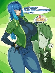 abs big_breasts birthday blue_eyes blue_hair blue_text cake clothed clothed_female curvy_figure english_text facing_viewer female fingerless_gloves fondling gloves green_background green_jacket hand_on_hip heart holding_object holding_plate implied_ballbusting innuendo jacket jeans long_hair muscular_female original original_character plate simple_background smile smirk spacezin speech_bubble strawberry talking_to_viewer thick_thighs zoe_(spacezin)