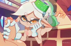 1girls 2boys ambiguous_penetration ass_grab disabledfetus gloves handjob inkling marie_(splatoon) nintendo nude pointy_ears precum spitroast splatoon white_gloves white_hair