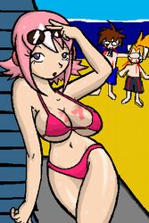 77 2004 2boys axl_(mega_man) beach bikini bikini_bottom bikini_top breast_tattoo breasts mega_man mega_man_x nana_(mega_man) nosebleed pink_hair purple_eyes sand sky sunglasses sunglasses_on_head sweat swimwear tattoo thighs timestones x_(mega_man)