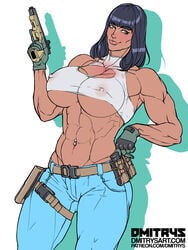 1girls abs black_hair cindy_landolt color dmitrys gloves gun midriff muscular muscular_female smile smiling solo weapon