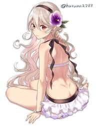 ass barefoot bikini black_hairband butt_crack closed_mouth corrin_(fire_emblem) corrin_(fire_emblem)_(female) corrin_(summer)_(fire_emblem)_(female) female fire_emblem fire_emblem_fates fire_emblem_heroes flower from_behind hair_flower hair_ornament hairband haru_(nakajou-28) long_hair looking_back nintendo official_alternate_costume platinum_blonde_hair red_eyes simple_background sitting solo swimsuit white_background