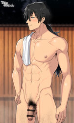 1boy abs arima_(arima_bn) bangs bar_censor black_hair blush censored chest collarbone fate/grand_order fate_(series) flaccid gay highres koha-ace long_hair male male_focus male_only male_pubic_hair muscle nipples nude onsen pectorals penis ponytail pubic_hair sakamoto_ryouma_(fate) smile solo testicles towel towel_on_shoulder upper_body