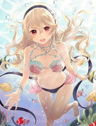 bikini black_hairband corrin_(fire_emblem) corrin_(fire_emblem)_(female) corrin_(summer)_(fire_emblem)_(female) female fire_emblem fire_emblem_cipher fire_emblem_fates fish hairband haru_(nakajou-28) harunn2288 long_hair nintendo official_alternate_costume open_mouth platinum_blonde_hair pointy_ears red_eyes shell shell_bikini solo swimsuit underwater