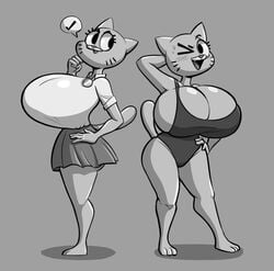 2020 alternate_breast_size anthro big_breasts breasts cartoon_network cleavage clothed clothing domestic_cat felid feline felis female gigantic_breasts greyscale hand_on_hip hi_res huge_breasts hyper_breasts mammal monochrome nicole_watterson one-piece_swimsuit one_eye_closed shirt solo standing steecks steeckykees swimwear the_amazing_world_of_gumball topwear wink