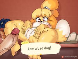 1boy 1girls animal_crossing anthro darkingart dialogue dog_tail fat_ass fat_mons heart-shaped_pupils isabelle_(animal_crossing) large_penis man_hands nintendo on_back presenting_pussy pussy spread_legs tail text yellow_fur