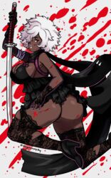 1girls afro ass cosplay dark-skinned_female dark_skin dragonsinmysky heels high_heels katana no_more_heroes shinobu_jacobs short_hair solo stockings white_hair