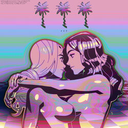 2girls black_hair blonde_hair breasts colorful embrace eyeshadow female female_only hands_on_shoulders instagram_username looking_at_each_other mila_the_mute palm_tree shiny_hair shiny_skin side_view topless tumblr_username twitter_username vaporwave yuri