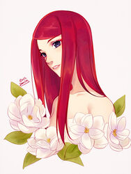 artist_name bust eva_smith female female_only flower head_tilt leaf long_hair naruto naruto_(series) naruto_shippuden nude purple_eyes red_hair signature smile solo text topless upper_body uzumaki_kushina white_flower