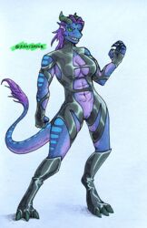 absurd_res anthro claws clothing domination dragon female hair hi_res horn long_tail looking_at_viewer pose purple_hair rahisauce rubber rubber_suit scales sharp_claws sharp_teeth teeth trill_(rahisauce)