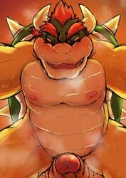 2020 absurd_res anthro armpits belly blush bodily_fluids bowser genitals hi_res kemono koopa male male_only mario_(series) moobs musk musk_clouds nintendo nipples overweight overweight_anthro overweight_male penis rusk07 scalie solo sweat video_games