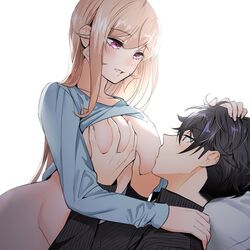 1boy 1boy1girl 1girls black_hair blonde_hair bottomless breast_grab breast_sucking breasts doromame hand_on_head nakiri_asahi nakiri_erina shirt shirt_lift shokugeki_no_souma straight