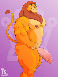 2020 absurd_res anthro anthrofied ass barazoku big_muscles big_pecs crown disney erection felid genitals hair hi_res hoagiepost hybrid_genitalia hybrid_penis king lion long_hair looking_at_viewer male male_only mammal mane mufasa muscular muscular_anthro muscular_male nipples nude pantherine pecs penile_spines penis purple_background royal_rod royalty simple_background smile solo standing the_lion_king thick_thighs tylerstark