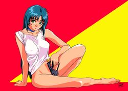 1girls 90s anri_(viper) bare_arms bare_shoulders barefoot breasts choker clothing covering erect_nipples erect_nipples_under_clothes face_tattoo feet female female_only green_eyes green_hair gun heart heart_tattoo highres holding_gun holding_weapon lipstick long_hair looking_at_viewer makeup medium_breasts naked_shirt nipple_bulge official_art open_mouth pink_lipstick red_background shirt signature simple_background sitting sogna solo takahashi_shinya tattoo thick_thighs thighs toes viper_(series) viper_v12 weapon white_shirt yellow_background