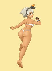 1girls ass backboob bare_shoulders barefoot bea_(pokemon) breasts dark-skinned_female dark_skin dat_ass eyelashes female female_only fist from_behind fundoshi gloves grey_eyes grey_hair gym_leader hairband large_ass large_breasts looking_at_viewer looking_back looking_back_at_viewer nintendo open_mouth orange_background pokemon pokemon_ss short_hair smile solo solo_female thick_thighs thighs thong tof wide_hips