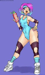 blue_eyes blush breasts colored_sketch drug elbow_brace female female_only heavy_blush highlights hips knee_brace leotard multicolored_hair pale-skinned_female pale_skin shoes sideboob sketch small_breasts solo_female thick_hips thick_thighs thighs water_bottle wide_hips