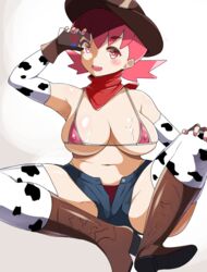 1girls 2020 alternate_costume arm_up armpits bandana bare_shoulders bikini blush boots bottle breasts brown_gloves cleavage cow_print cowboy_shot crossed_legs drooling elbow_gloves eyebrows_visible_through_hair female female_only fingerless_gloves gloves gym_leader hand_on_knee highres large_breasts looking_at_viewer matching_hair/eyes micro_bikini milk milk_bottle mituyota_76 nail_polish nintendo nipple_bulge open_clothes open_mouth open_pants pink_bikini pink_eyes pink_hair pink_nails pokemon pokemon_gsc puffy_nipples saliva saliva_trail short_shorts shorts simple_background sitting smile solo swimsuit teeth thick_thighs thighhighs thighs tongue underboob white_background whitney_(pokemon)