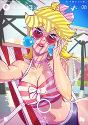 absurdres big_breasts blonde_hair breasts cleavage earrings female female_only grand-sage heart_shaped_sunglasses highres large_breasts looking_at_viewer mario_(series) nintendo princess_peach selfie solo sunglasses super_mario_bros. super_mario_sunshine