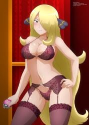 blonde blonde_female blonde_hair bra cleavage cynthia_(pokemon) game_freak garter_belt grey_eyes hair_covering_eye hair_covering_nipples hair_over_one_eye hand_on_hip hand_on_hips hands_on_hip hands_on_hips lingerie looking_at_viewer nintendo one_eye_covered panties pokemon pokemon_dppt purple_bra purple_lingerie purple_panties purple_underwear smile smiling staring_at_viewer stockings thighhighs underwear underwear_only zel-sama