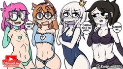 4girls ahoykoi black_hair blush booty_shorts bra collar crown dialogue freckles glasses gloves illymation jaiden_animations jamierightmeow koianimations long_hair multiple_girls older_female orange_hair panties pasties pink_hair ponytail scribblejuice short_hair speech_bubble sports_bra sweat swimsuit tabbes take_your_pick text white_background white_hair white_skin young younger_female youtube youtuber