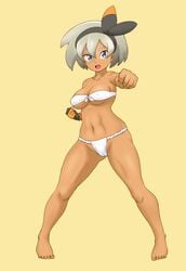 1girls abs bare_shoulders barefoot bea_(pokemon) breasts cameltoe clenched_fists clenched_hands collarbone dark-skinned_female dark_skin erect_nipples erect_nipples_under_clothes eye_contact eyelashes female female_only fist fundoshi gloves grey_eyes grey_hair hairband large_breasts looking_at_viewer nintendo open_mouth orange_background pokemon pokemon_ss short_hair smile solo solo_female thick_thighs thighs thong tof underboob wide_hips