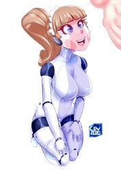 android big_penis blue_eyes breasts brown_hair cev disembodied_penis duo emmy_the_robot female female_focus genitals glistening glistening_body glowing glowing_genitalia glowing_markings hair hi_res huge_cock humanoid light-skinned_male light_skin long_hair looking_at_genitalia looking_at_penis machine maid_headdress male markings molly_(domcellini_art) molly_the_nandroid nude open_mouth pale-skinned_male pale_skin penis penis_awe ponytail robot robot_humanoid smile solo_focus teeth tongue vein veiny_penis white_body