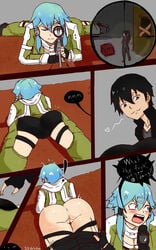 asada_shino ass ass_grab blush comic english_text female half_naked manga open_mouth sd_volodya sinon sword_art_online text