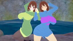 2girls 3d 3d_(artwork) breasts chara curvy duo duo_female female female_chara female_frisk female_human female_only frisk human human_only kuzune mmd sweater undertale undertale_(series)