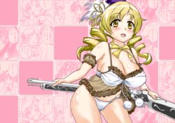 1girls babydoll beret blonde_hair blush breasts drill_hair female gun hat large_breasts lingerie mahou_shoujo_madoka_magica open_mouth panties tagme tomoe_mami twin_drills underwear uyuu weapon yellow_eyes