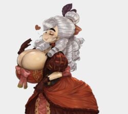 cleavage closed_eyes dress female huge_breasts long_hair monkeywithaafro original original_character smiling white_hair