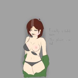 1girls black_bra black_panties bra bra_down breasts brown_hair chara closed_eyes clothing dumbass_l(artist) female grey_background matching_underwear open_mouth panties red_hair short_hair swapfell swapfell_chara sweaty undertale underwear