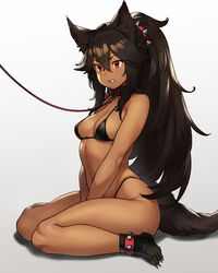 1girls bikini breasts cerberus_(houtengeki) cleavage collar dark_skin dog_ears dog_tail female female_only femsub houtengeki leash solo