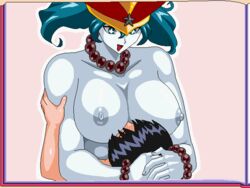 1boy 1girls 78_(tky8) alien_girl bead_bracelet bead_necklace bishoujo_senshi_sailor_moon black_hair blue_eyes blue_hair breasts daimon death_busters exposed_breasts exposed_nipples face_in_breasts faceless_male female humanoid large_breasts male monster_of_the_day nipples u-chouten villainess white_skin