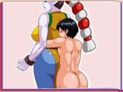 1boy 1boy1girl 1girls 78_(tky8) ass big_ass bishoujo_senshi_sailor_moon breasts brown_hair clothing daimon death_busters demon_girl female hips hugging hugging_from_behind humanoid large_breasts legs long_hair mikuji monster_of_the_day naked nipples pointy_ears procyon_(78) purple_skin thick_thighs thighs villainess wide_hips