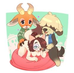 1girls 2boys all_fours ambiguous_penetration animal_crossing anthro anthro_on_anthro anthro_penetrated anthro_penetrating anthro_penetrating_anthro antlers beau_(animal_crossing) black_nose bodily_fluids breasts canid canine canis cervid clothed clothing cum cushion doggy_style domestic_cat domestic_dog erection eyewear felid feline felis female female_penetrated from_behind_position fur furry furry_only genital_fluids genitals glasses group group_sex hair heart hi_res horn humanoid_genitalia humanoid_penis junyois male male_penetrating male_penetrating_female mammal naked nintendo nude oral penetration penile penis raised_tail sex shep_(animal_crossing) shirt straight tail threesome tongue topwear video_games