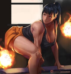 1girls alternate_breast_size bangs bare_shoulders bending_over bent_forward bent_over big_breasts breasts cleavage enen_no_shouboutai female female_focus female_only fire_force hanging_breasts huge_breasts kasai_x3 large_breasts leaning_forward lejeanx3 long_hair looking_back looking_over_shoulder muscular muscular_female oze_maki ponytail solo solo_female solo_focus tagme tank_top thick_thighs