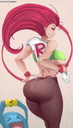 1girls ass big_ass blue_eyes blue_skin dantev47 dat_ass eyes_closed female_focus high_resolution jessie_(pokemon) leggings lipstick long_hair nintendo pink_hair pokemon pokemon_(anime) shiny_hair simple_background soda tight_clothing wobbuffet