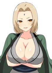 1girls arms_under_breasts big_breasts blonde_hair blush breast_hold breasts brown_eyes cleavage closed_mouth collarbone crossed_arms facial_mark female female_only forehead_mark haori huge_breasts japanese_clothes lipstick looking_at_viewer low_twintails makeup medium_hair naruto naruto_(series) naruto_shippuden sash smile solo tawashi1623 tsunade twintails upper_body