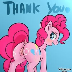 absurd_res animal_genitalia animal_pussy anus ass big_butt blush clitoral_winking clitoris cutie_mark english_text equid equine equine_pussy female feral friendship_is_magic furry genitals hasbro hi_res horse looking_back mammal my_little_pony pinkie_pie_(mlp) pony presenting presenting_anus presenting_hindquarters presenting_pussy pussy solo tail_aside text yellowcrom