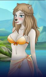 1girls anthro bikini blush domestic_dog fur furry lake roselyn_(space_paws) smile snout solo space_paws yellow_bikini