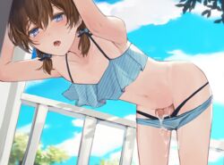 1boy all_male bikini blue_eyes brown_hair clouds cropped cum femboy male male_only navel original panty_pull penis short_hair sky solo sunaba_(nczd5875) swimsuit third-party_edit trap twintails uncensored