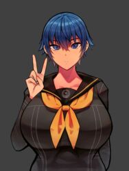 1girls alternate_costume atlus blue_eyes blue_hair edit edited female female_only large_breasts peace_sign persona persona_4 school_uniform shin_megami_tensei shirogane_naoto smiling smirk solo solo_female solo_focus tokyokyoto v