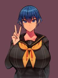 1girls alternate_costume atlus blue_eyes blue_hair edit edited female female_only large_breasts peace_sign persona persona_4 school_uniform shin_megami_tensei shirogane_naoto smiling smirk solo solo_female solo_focus tokyokyoto v