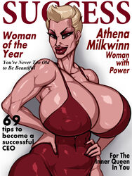 abs athena_milkwinn big_breasts big_lips bimbo blonde_hair english_text eyelashes eyeshadow gilf huge_breasts magazine magazine_cover makeup milf muscular_female naughty_face rampage0118 red_dress red_lipstick seductive seductive_look seductive_smile short_hair smile solo text thick_thighs thighs toned toned_female wide