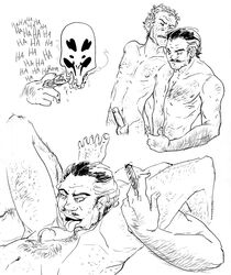 2boys arms_held_behind_back artist_request cigar dc_comics erect_nipples erection eyes_closed fellatio freckled_skin gay giving_head going_down_on hairy_arms head_out_of_frame licking_penis male_only mustache nude oral_sex precum_flow rapist rapist_official rorschach spread_toes tagme the_comedian tongue_out watchmen wince yaoi