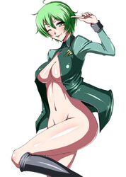 :p ahoge bottomless breasts green_eyes green_hair gundam gundam_00 hilling_care innovator navel open_clothes open_shirt s_tanly shirt short_hair simple_background tongue uniform wink