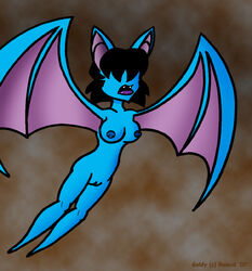 2007 anthro black_hair blue_skin breasts color fangs female female_only flying hair nipples nude pointy_ears pokemon rancid solo tagme vulva zubat